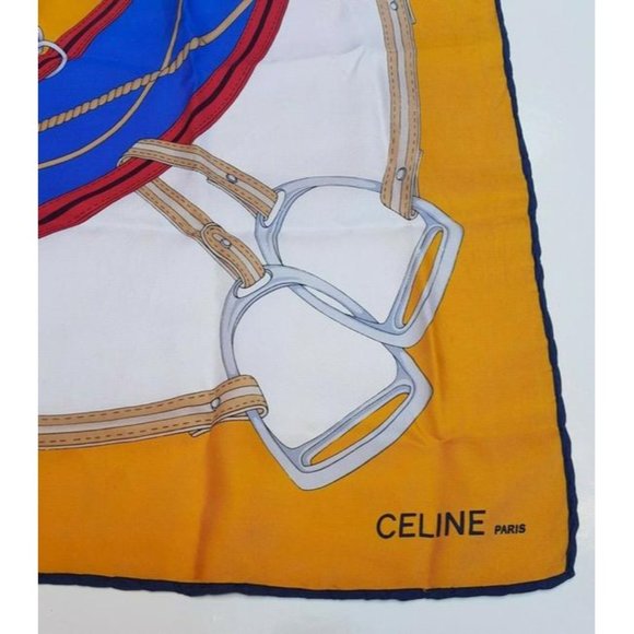 Celine Blue Red Gold Equestrian Print Silk Scarf - Picture 2 of 8
